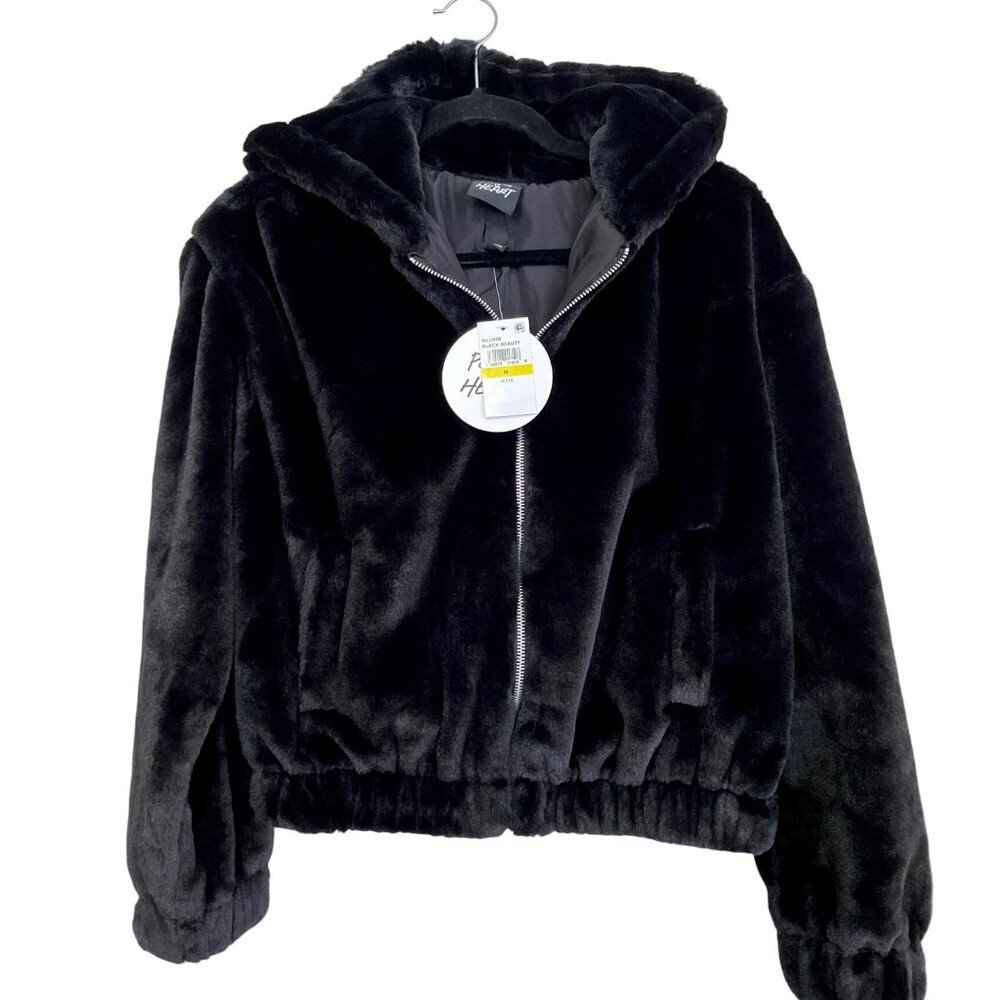 Plant Heart Plush Black Faux Fur Hooded Bomber Jacket Medium NEW
